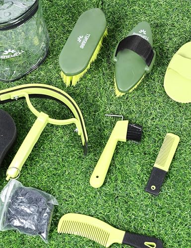 Shinewell Horse Grooming Kit, Complete Horse Brush Set, Equine Grooming Tools for Shedding & Daily Care Green - color: Green