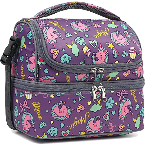 FlowFly Double Decker Cooler Insulated Lunch Bag Large Tote for Boys, Girls, Men, Women, With Adjustable Strap (Purple-Unicorn) - color: Purple-Unicorn