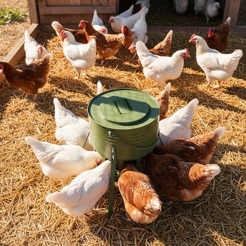 KOL Metal Chicken Feeder - 20lbs No Waste Chicken Feeder with 12 Ports, Powder Coated Rust-Proof Design & Smooth Edges for Safe Feeding (Avocado Green) - color: Avocado Green