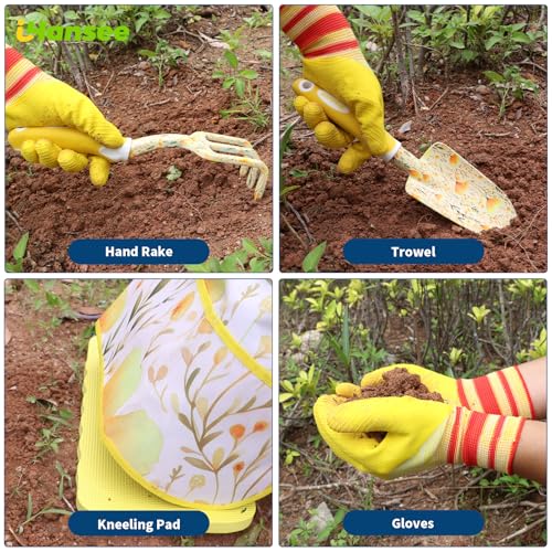Yellow Garden Tools Set 10 Pieces, Gardening Gifts for Women | Aluminum Alloy Steel Hand Tool Kit w/Non-Slip Ergonomic Handle, Floral Print Garden Supplies Organizer Handbag, Gardening Set - color: yellow