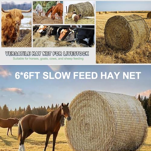 6x6 ft Round Bale Hay Net - Large Slow Feeder for Horses & Livestock, Knotless Design Slow Feeder Hay Nets, Fits 4x4ft 5x5ft 6x6ft Round & 3x3x8ft 4x4x8ft 5x5x8ft Square Bales (Black-Round) - color: Black-Round