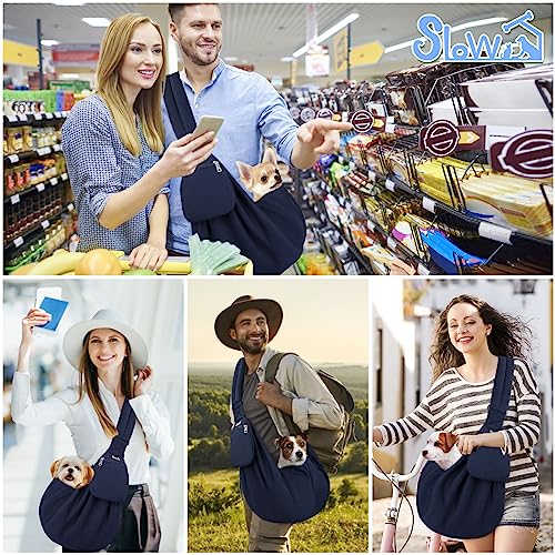 SlowTon Dog Carrier Sling - Thick Padded Shoulder Strap Adjustable, DBL, S | Dog Carriers for Small Dogs, Puppy Carrier Purse for Pet Cat with Front Zipper Pocket Safety Belt Machine Washable - color: F-Navy Knitted Fabric