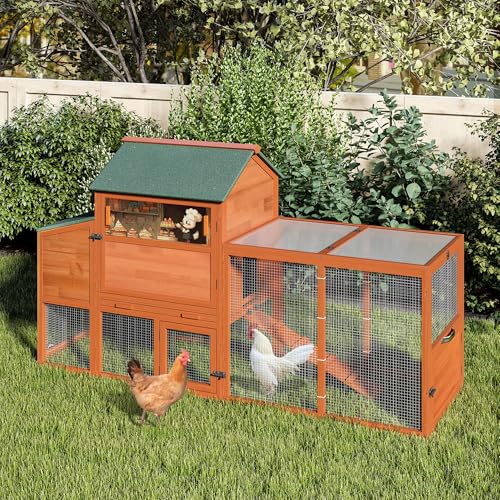 COZIWOW 82" Large Wooden Chicken Coop Mobile Rabbit Hutch with Wheel,Orange | Weatherproof asphalt roof & sunshine board, Anti-slip ramp, Pull-out tray, Hen house with 5 openable doors, Indoor Bunny Cage - color: Orange with Pattern