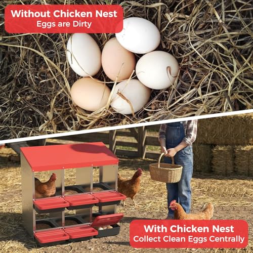 6-Compartment Chicken Nesting Box, Heavy Duty Galvanized Steel Poultry Nest Box, Wall Mount/Freestanding Design for Hens, Ducks, Backyard Homesteads & Farm Use, Red, with Soft Mats, No Stand - color: Red, size: 6 Room&Mat Board