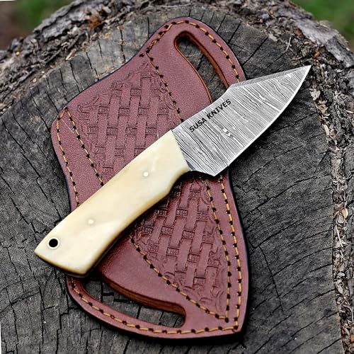 Custom Handmade 7'' fixed blade hoof rasp knife/Cow boy knife/Damascus steel Bull cutter cowboy knives with pancake leather sheath (SUSA 117) - color: SUSA 117