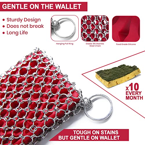316L Cast Iron Scrubber Kit + Pan Scraper, Silicone Sponge, Dishwasher Safe | Cast Iron Chainmail Scrubber - Skillet Cleaner Scrubber - Cast Pan Scrubber Cleaner - Chainmail Chain Scrubber - style: Red CIS with Scraper