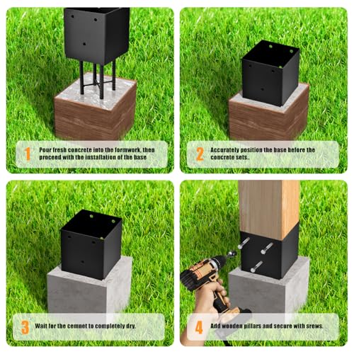 4 Pack 6x6 Metal Post Base Holder Bracket for Concrete Deck (Black) | Post Anchor Brackets Ground Spike, Use for Concrete Deck, For Wood Fence, Railing, Pergola, Porch - size: 6IN, style: 4Pcs