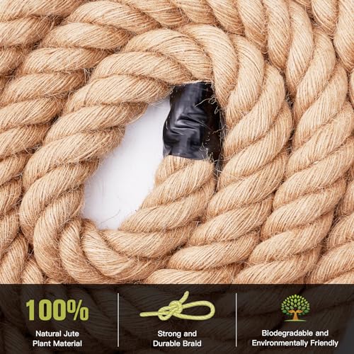Jute Rope Heavy Duty 2 Inch 25 Feet, Natural Hemp Rope, Twisted Hemp Rope for Crafts, Gardening, Bundling, Climbing, Hammock, Nautical rope, Tug of War rope, Railings, Home Decorating (2 Inch×25 Feet) - size: 25Ft, style: 2 Inch