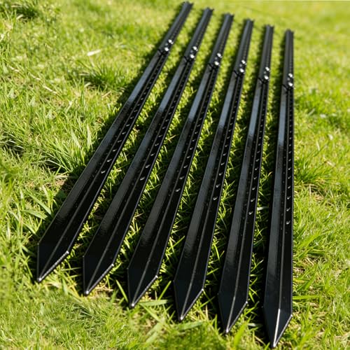 8.7Ft Adjustable Black Steel Angle Fence Posts, Heavy Duty Deer Fence Posts with Pre-Drilled Holes for Garden, Yard, and Property Line, 2-Piece Installation with Screws (6 Pack, 12 Stakes)