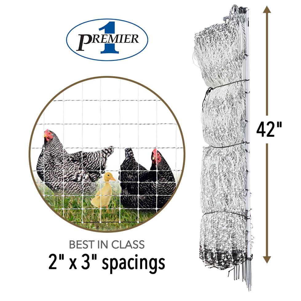 Premier 1 PoultryNet® Electric Fence for Chickens – 42"H x 164'L | White/black, step-in posts. For chickens, ducks & geese. Keeps out coyotes, foxes & dogs. Energizer sold separately.