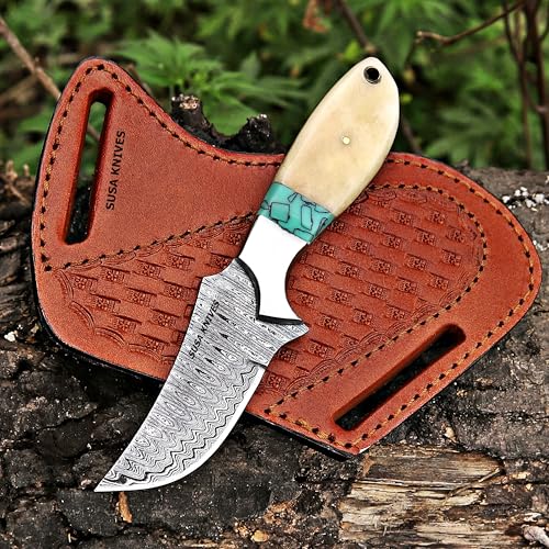 Custom Handmade 7'' fixed blade hoof rasp knife Cow boy knife Turquoise Handle Damascus steel Bull cutter, cowboy knives with pancake leather sheath (BONE) - color: BONE