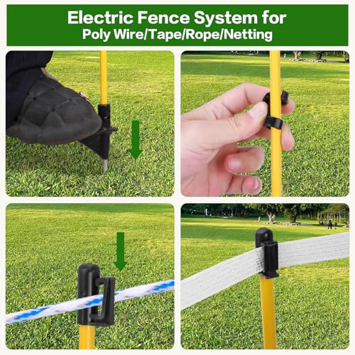 24Pcs 48in Fiberglass Step-in Electric Fence Posts | Clips height adjustable for poly tape/rope. No-tool step-in. Fiberglass core bends back