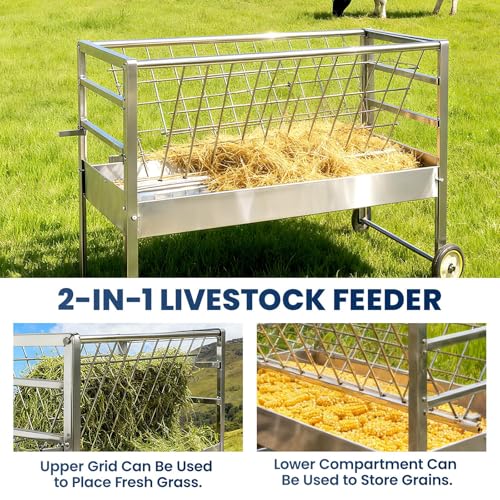 90lb Capacity Goat Hay Feeder with Wheels, 2‑in‑1 Galvanized Steel Livestock Feeder, Rust‑Proof Sheep Feeder Hay with 50 Gallon Feeding Pan for Goats, Sheep, Horses & Pigs