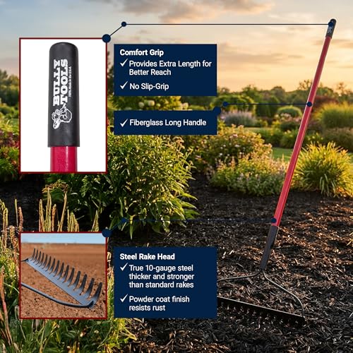 Bow Rake 16" Tines, Heavy Duty Steel Garden Rake for Leaves | 58" Fiberglass Long Handle, Rake For Lawn Debris, Mulch, Soil and Gravel, 100% Made in USA