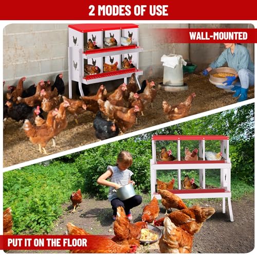 GarveeLife Nesting Boxes for Chickens, 6 Compartment Chicken Nesting Box with Metal Legs, Metal Chicken Laying Boxes with Perch, Secure Lid, Versatile Wall Mount or Free Standing for Hens, Red