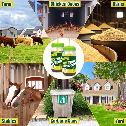 4 Fly Traps Outdoor for Patio with 4 Bait, Reusable Bug Catcher Bottle Jar | Flies Bug Insect Trap Control Outdoor Hanging for Outside Barns, Stable, Farm, Patio, with Natural Bait Refills Lure