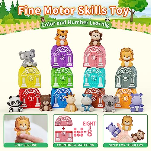 Learning Toy for Toddlers 1 2 3 Year Old, Montessori Educational Counting, Matching & Sorting Sensory Toys, 10 Safari Animals & 10 Zoos, Birthday Easter Gift for Baby Boy Girl Age 12-18 Months | 10 Zoo Animal Toys & 10 Barns, Counting, Matching & Sorting