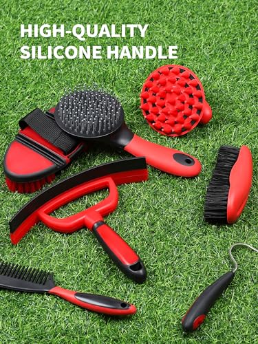 Harrison Howard Horse Grooming Kit 9 Piece with Tote Bag, Non-Slip Horse Brush Set for Shedding, Bathing, Hoof Care, Mane & Tail Grooming, Equine Grooming Supplies Red - color: Red
