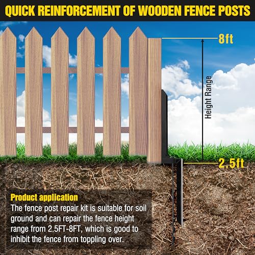 LADECH Heavy Duty Steel Fence Post Repair Stakes with Ground Anchor Screw in, Fix Anchors Ground Spike for Fence Posts, Repair Tilted/Broken Wood Posts (Black - 4 Pcs)