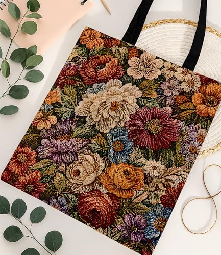 Aesthetic Floral Canvas Tote Bag - Reusable Shoulder Tote Bag for Women Lady Casual Vacation, Shopping, Work, Gym - color: Botanical01