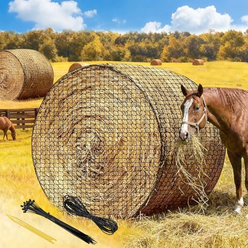 5x5 FT Round Bale Hay Net, 2-Inch Slow Feed for Horses and Goats | Knotless heavy-duty hay feeder, fits 4x5 and 5x5 round bales, 2-inch holes help slow feeding and reduce hay waste - size: 5x5 ft