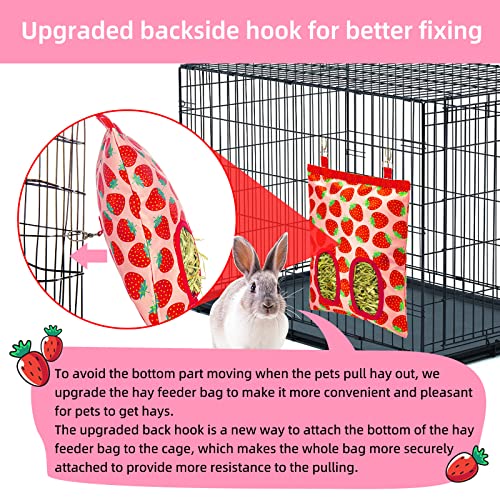 2Packs Large Rabbit Hay Feeder Bag, Upgraded Guinea Pig Hay Feeder with 3 Hooks, Chew Proof Washable Hay Bag for Rabbits Bunny Chinchilla Hamster, Mess Free Grass Holder 2 Holes, 9.8x11.4 Inch - color: Strawberry+Pineapple