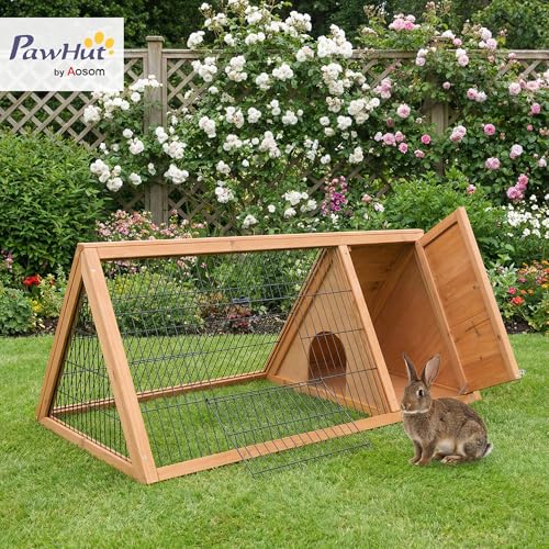 PawHut 46" x 24" Wooden A-Frame Outdoor Rabbit Hutch, Small Animal Cage, Bunny Hutch with Outside Run & Ventilating Wire, Yellow | Wooden Chicken Coop with Run for Rabbit, Small Duck Chicken, Garden Backyard Farms - color: Brown