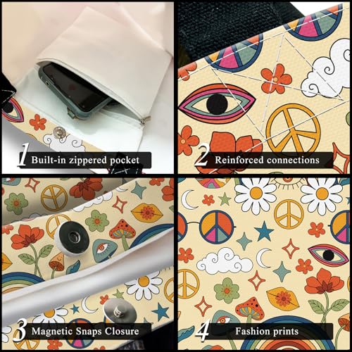 Canvas Tote Bag for Women，Cute Heavy-Duty Shoulder Bag with Zipper Pocket -Travel Tote for Grocery, Gym,Shopping - color: Mushroom Rainbow Flower