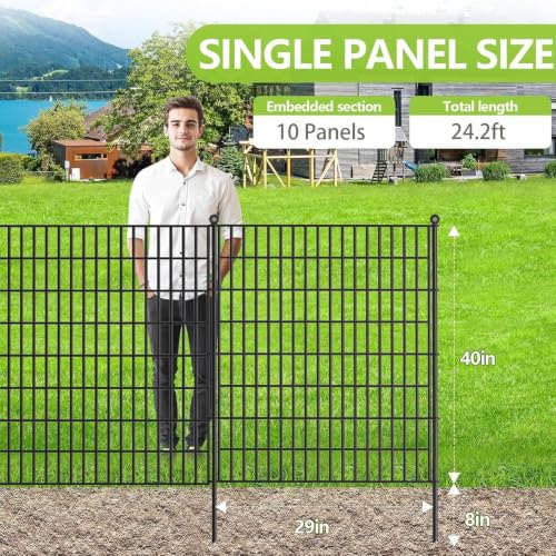 Toolterritary 10 Panels No Dig Garden Fence with Gate, 40 in(H) X 24.2 ft(L) Metal Fence Panels, Thickened Rustproof Garden Fencing, Animal Barrier Fence for for Dogs, Rabbits, Landscape, Patio - size: 40 in(H)×29in(L)
