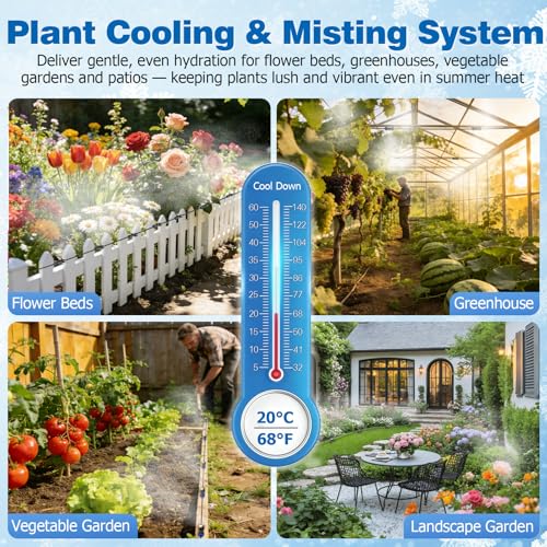 Mellbree Misters for Outside Patio 60FT/18M, Pre-Assembled Misting Cooling System with 19 Brass Nozzles & 3/4" Adapter, Outdoor Mister for Garden, Backyard, Pool, Greenhouse, Play Area, Trampoline - size: 60FT