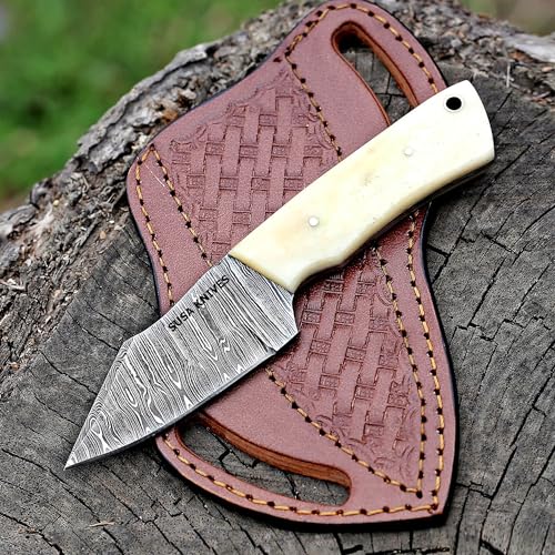 Custom Handmade 7'' fixed blade hoof rasp knife/Cow boy knife/Damascus steel Bull cutter cowboy knives with pancake leather sheath (SUSA 117) - color: SUSA 117