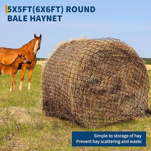 Round Bale Hay Net for Horses and Goats, 6X6 Ft Knotless Design Slow Feed Hay Net with 2'' Holes, Large Heavy Duty Slow Feeder Nets - size: 6x6FT