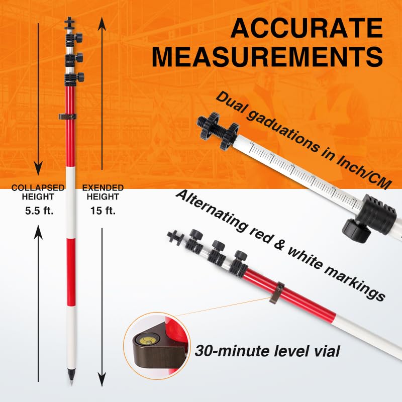 Surveying Aluminum Prism Pole, with Adjustable Adapter and Twist Lock for Land Surveying (15.09 FT/4.6 M) - size: 15.09FT/4.6M