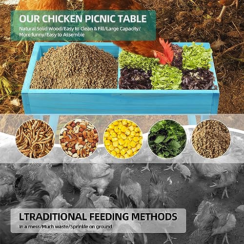 Chicken Picnic Table, Chicken Feeder No Waste Handmade Wooden, Large DIY Chicken Feeder Kit, Wild Bird, Duck & Squirrel Feeders, Mesh Bottom Keep Food Fresh and Dry Easy to Clean and Fill（Blue Paint） - color: Blue Solid Wood