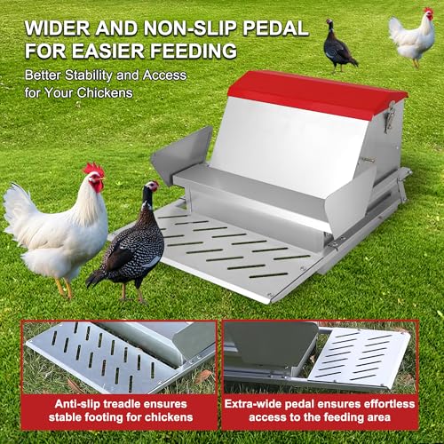 25lbs Automatic Chicken Feeder-Metal Treadle Poultry Feeder, No Waste Rat Proof Chicken Feeder with Sturdy Galvanized Steel Build and Weatherproof Locking Lid for Duck, Fowl, Pheasant Outdoor