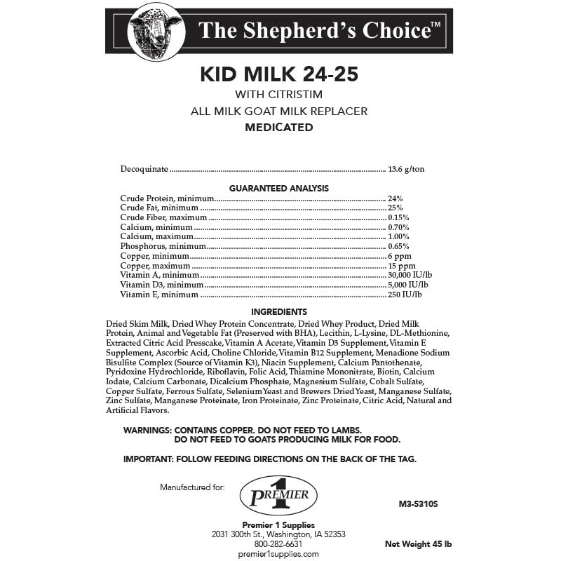 Premier 1 Shepherd's Choice Goat Kid Milk - 45 lb. Bag | With CitriStim. All-milk protein, skim milk base. Acidified, easy mixing. For goat kids only — do not feed to lambs.