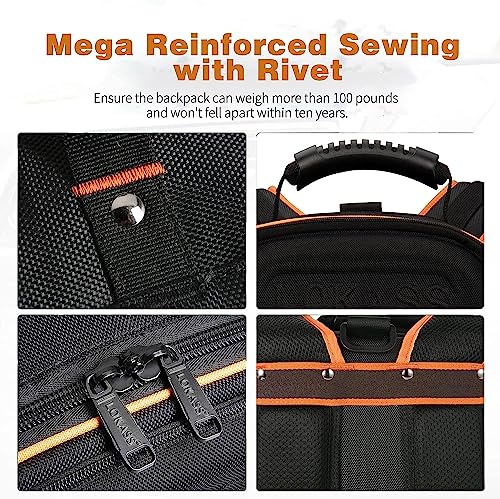 Tool Bag Backpack with 2 Canvas Tool Pouch Tool Kit, 75 Pockets & Loops Heavy Duty Tools Organizer/HVAC Tool Carrier for Eelectrician/Construction Work with Molded Base and Combination Lock, Black - color: Black1