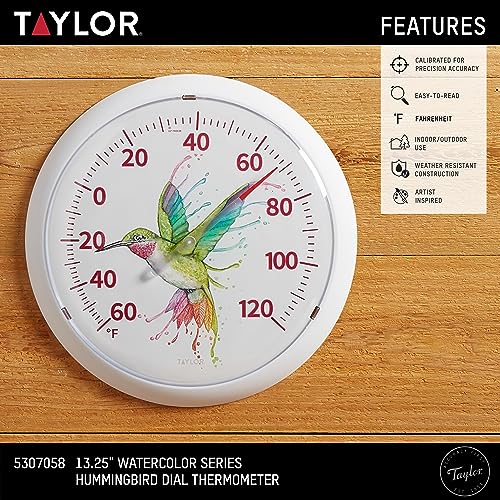 Taylor Watercolor Series Rainbow Hummingbird Indoor Outdoor Dial Thermometer, Home Decor for Patio, Pool, or Garage, 13.25inch, White Bezel - style: Hummingbird