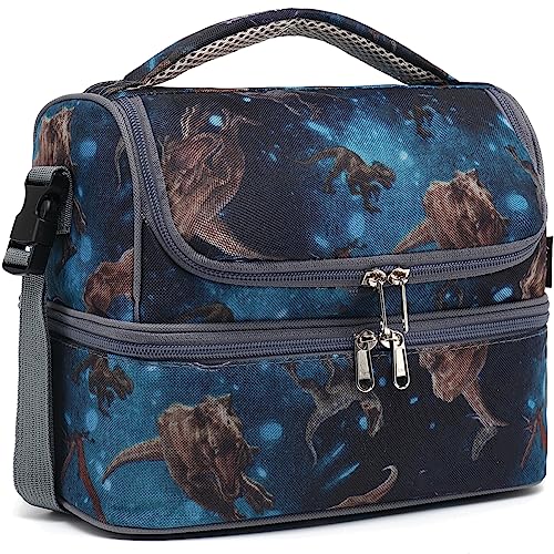 FlowFly Double Decker Cooler Insulated Lunch Bag Large Tote for Boys, Girls, Men, Women, With Adjustable Strap, MyDinosaur - color: MyDinosa