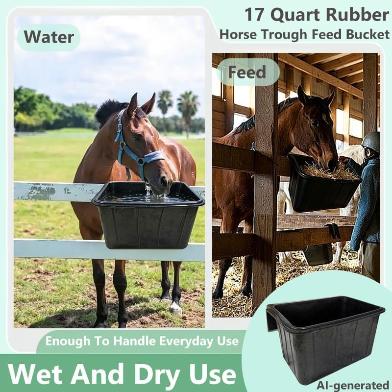17 Quart Horse Trough Feed Bucket Rubber Feed Pan Hook Over Feeder for Goats Cows Cattle,Heavy Duty