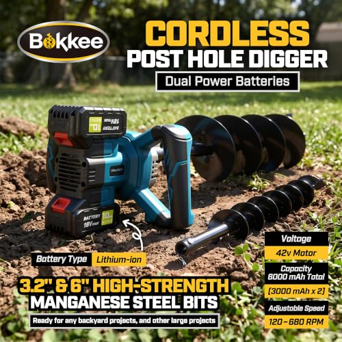 42V Brushless Cordless Post Hole Digger Kit with 3.2" & 6" Auger Bits, 2 Batteries & Charger | Electric Earth Auger for Fence Posts, Gardening, Landscaping | Forward/Reverse, 6-Speed