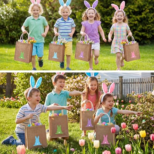 Honeydak 4 Pcs Easter Baskets for Kids Bunny Burlap Easter Tote Gift Bags with Handle Jute Stripe Rabbit Gift Bags for Kids Egg Hunt Game Spring Party Supplies - style: Polka Dot Bunny