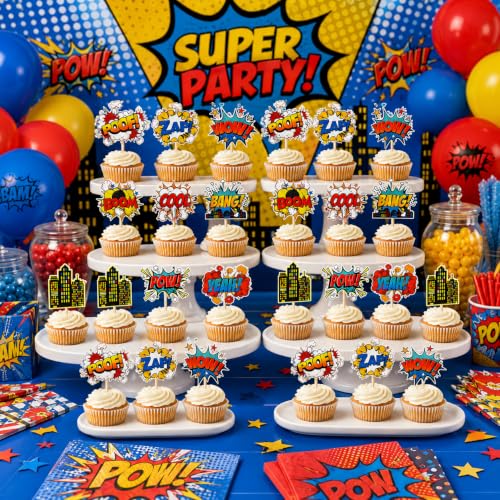 36 PCS Hero Cupcake Toppers | Hero Decorations Smash Crash Pow Picks for Hero Theme Birthday Party Cake Decor Supplies