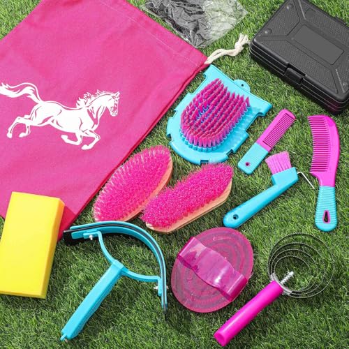 Abbylike 12 Pieces Horse Grooming Kit Racing Festival Tack Room Supplies Horse Brush Sets Equine Care Cleaning Kit Shedding Grooming Massaging Tools(Rose Red) - color: Rose Red