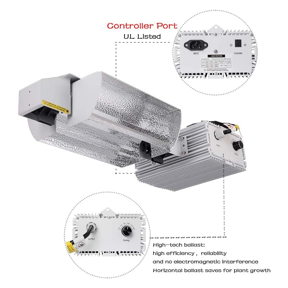 Grow Light System Kits with Controller Port | 1000 Watt DE Double Ended HID ,Open Style Reflector with 220V Digital Dimmable Ballast - Bulb Not Included
