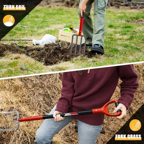 4-Tine Pitch Fork Garden Digging Fork with Fiberglass Handle 43 in | Heavy Duty Full Forged Steel Fork Head,Sturdy Fiberglass Handle,Spading Fork, Pitchfork, For Gardening, For Digging Potato