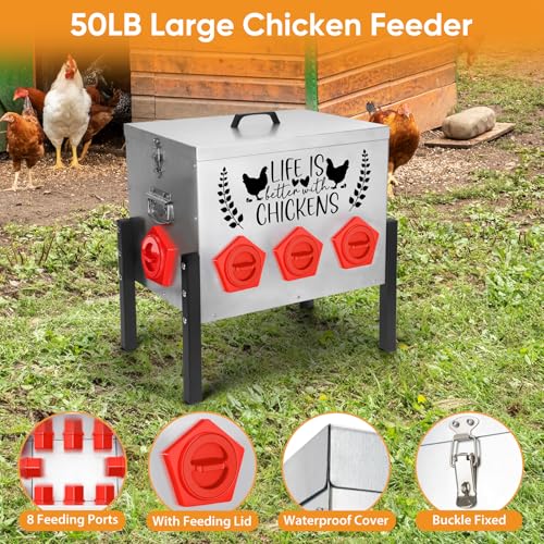 TGEYD 50 lb Heavy Duty Chicken Feeder, No Waste Galvanized Poultry Feeder with Locking Lid for Outdoor Chickens, Ducks & Geese - color: silver
