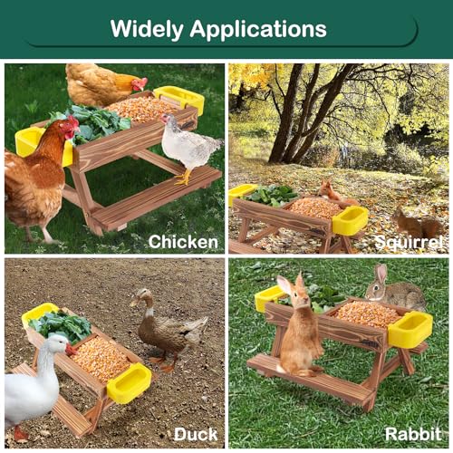 Boulphia Chicken Feeders and Waterers, Chicken Feeder No Waste Kit with Picnic Table and 2 Water Feeder, Handmade Wooden Chicken Supplies & Accessories for Chicken Coop - color: Carbonized Solid Wood