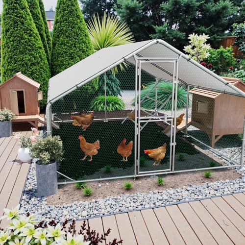 Large Metal Chicken Coop Runs for Yard with Cover, 10x13x6.5 | Perch Bars, Split Doors, Waterproof Covers, Mesh Wire - size: 157.5"L x 118.1"W x 78.7"H