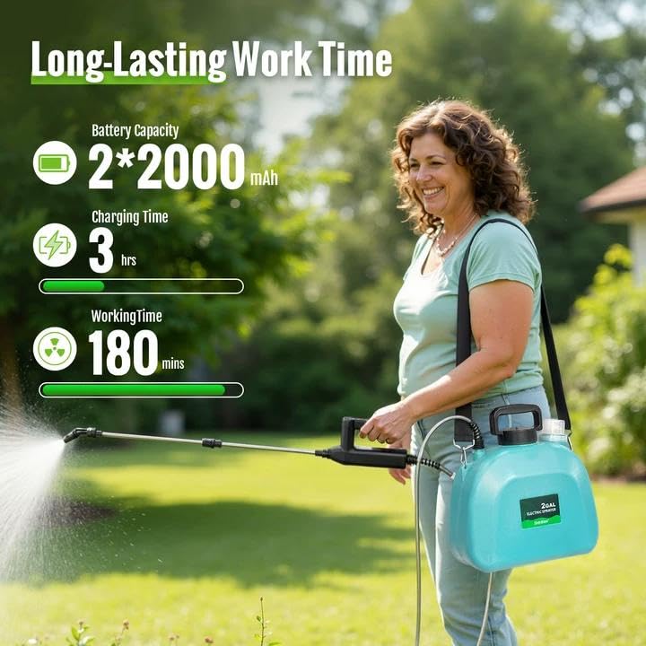 SideKing Battery Powered Sprayer 2 Gallon, Electric Weed Sprayer with 3 Adjustable Spray Pressures, Battery Indicator, Telescopic Wand and 4 Nozzles, for Garden, Lawn, Yard & Plants Care - color: Blue